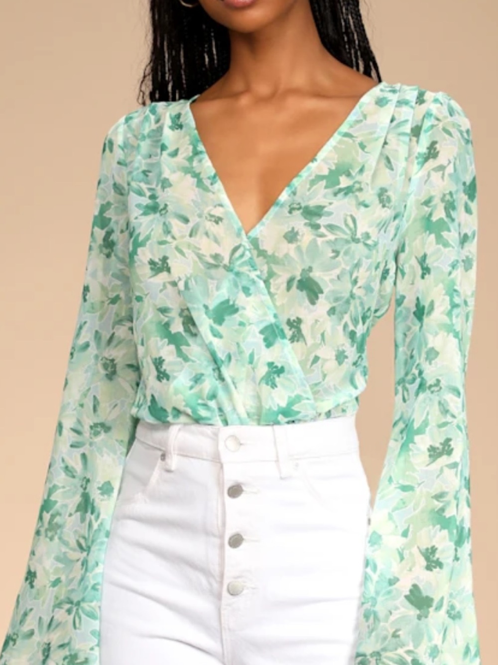 Lulus Let It Grow Mint georgette long bell sleeve body suit size S